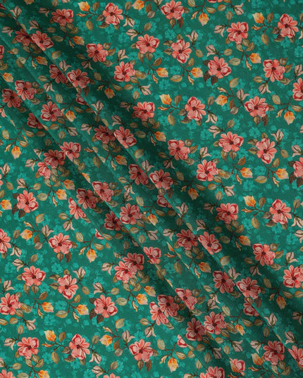 Teal Green Pink Floral Printed Viscose Crepe Fabric 110 Cms Width Soft Flowing Lightweight Dress Material India-D27920 Regal Fabrics