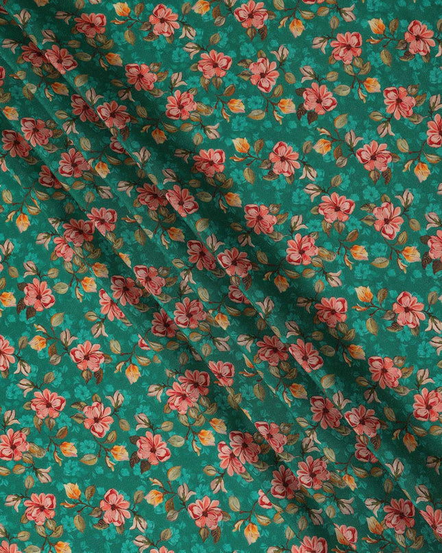 Teal Green Pink Floral Printed Viscose Crepe Fabric 110 Cms Width Soft Flowing Lightweight Dress Material India-D27920