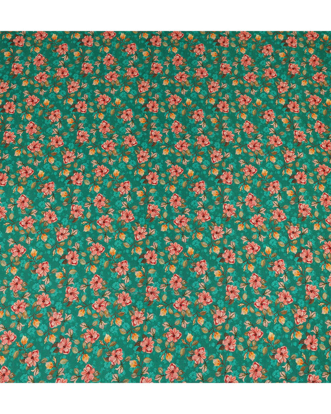 Teal Green Pink Floral Printed Viscose Crepe Fabric 110 Cms Width Soft Flowing Lightweight Dress Material India-D27920
