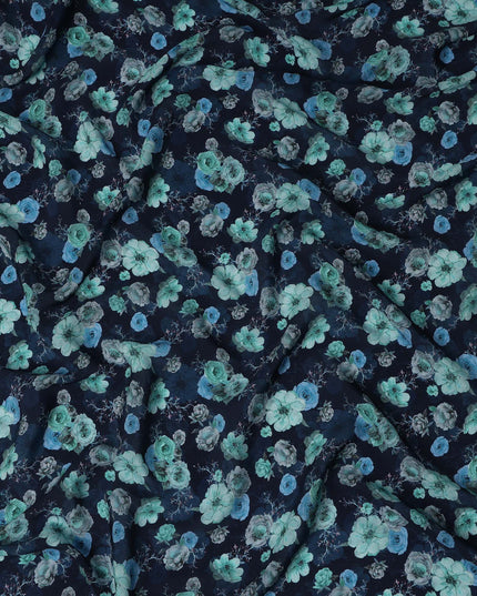 Navy Blue Floral Printed Viscose Crepe Fabric Teal And Grey Blossom Design Soft Flowing Dress Material 110 Cms Width India-D28031