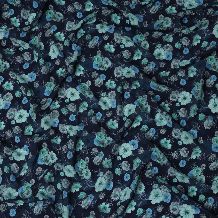 Navy Blue Floral Printed Viscose Crepe Fabric Teal And Grey Blossom Design Soft Flowing Dress Material 110 Cms Width India-D28031