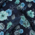 Navy Blue Floral Printed Viscose Crepe Fabric Teal And Grey Blossom Design Soft Flowing Dress Material 110 Cms Width India-D28031