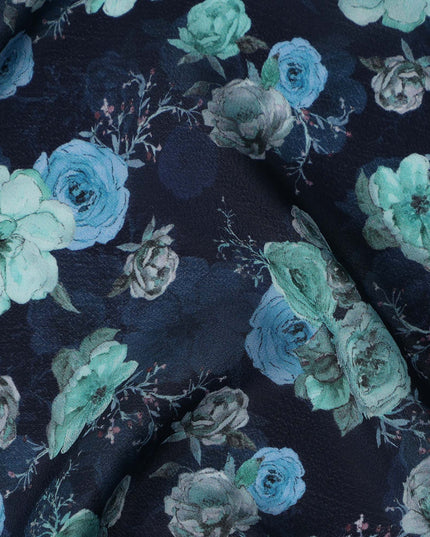 Navy Blue Floral Printed Viscose Crepe Fabric Teal And Grey Blossom Design Soft Flowing Dress Material 110 Cms Width India-D28031