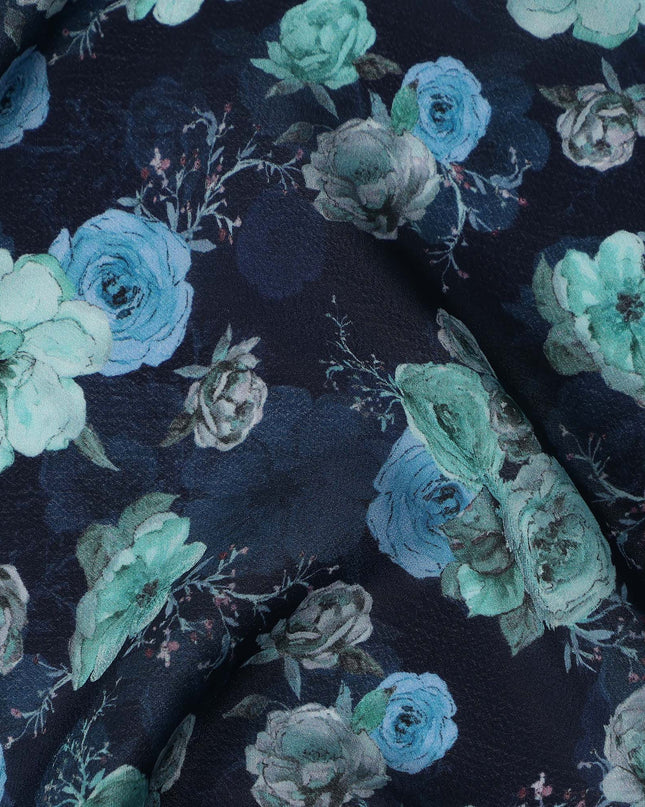 Navy Blue Floral Printed Viscose Crepe Fabric Teal And Grey Blossom Design Soft Flowing Dress Material 110 Cms Width India-D28031