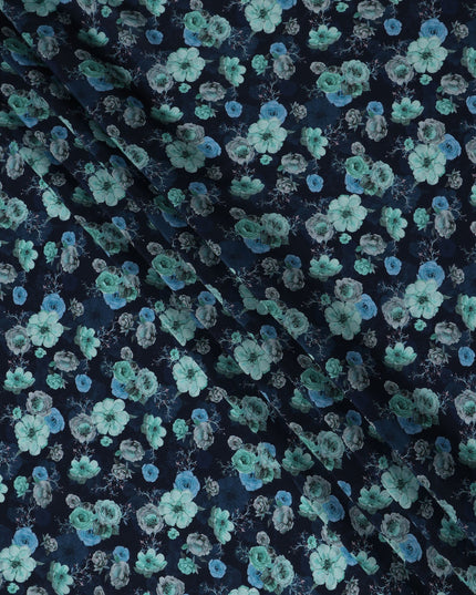 Navy Blue Floral Printed Viscose Crepe Fabric Teal And Grey Blossom Design Soft Flowing Dress Material 110 Cms Width India-D28031
