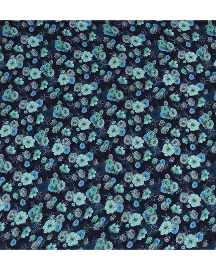 Navy Blue Floral Printed Viscose Crepe Fabric Teal And Grey Blossom Design Soft Flowing Dress Material 110 Cms Width India-D28031