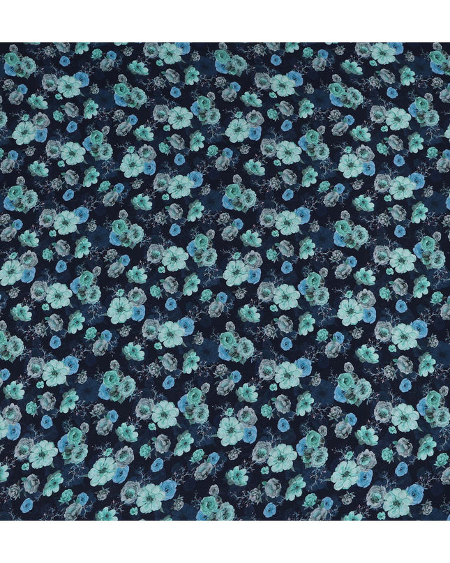 Navy Blue Floral Printed Viscose Crepe Fabric Teal And Grey Blossom Design Soft Flowing Dress Material 110 Cms Width India-D28031