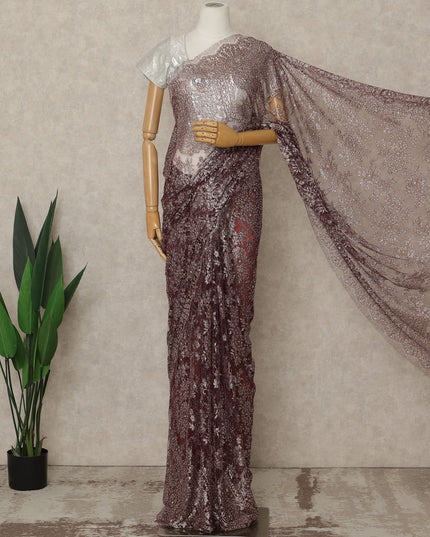 Maroon Premium French Metallic Chantilly Lace Saree with Stone Work, 5.5 Mtrs Length, 110 Cms Width, Crafted in France-Blouse Not Included-D26680