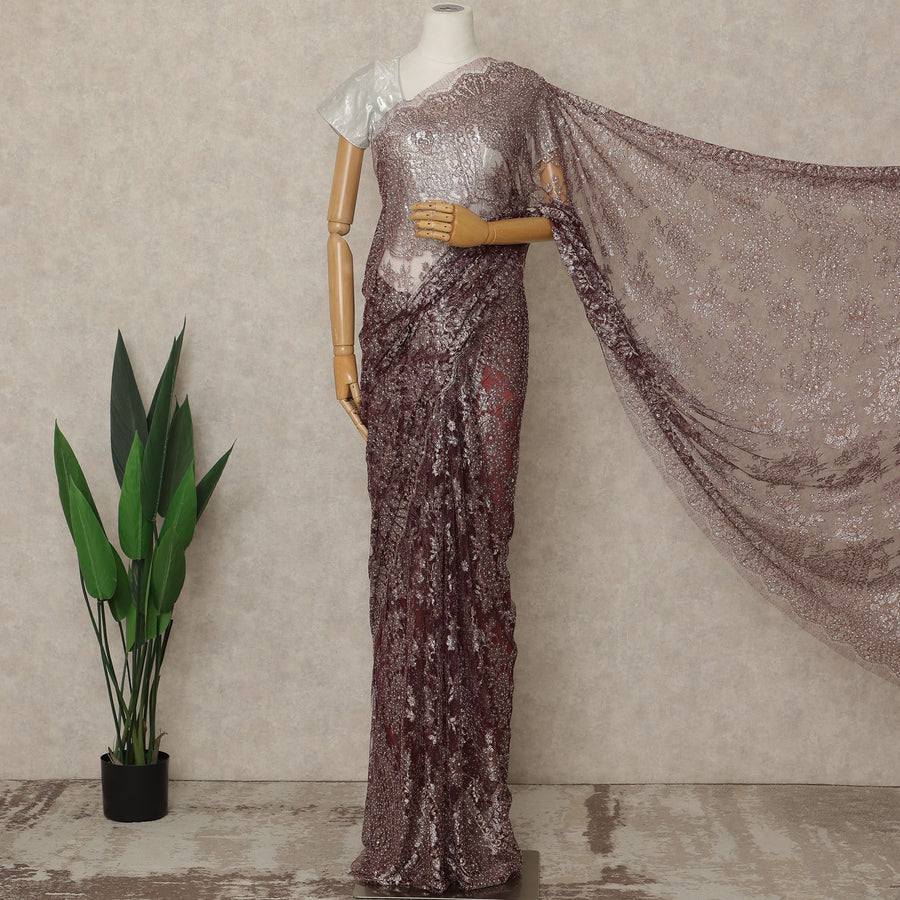 Maroon Premium French Metallic Chantilly Lace Saree with Stone Work, 5.5 Mtrs Length, 110 Cms Width, Crafted in France-Blouse Not Included-D26680
