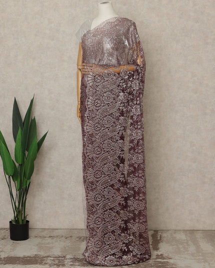 Maroon Premium French Metallic Chantilly Lace Saree with Stone Work, 5.5 Mtrs Length, 110 Cms Width, Crafted in France-Blouse Not Included-D26680