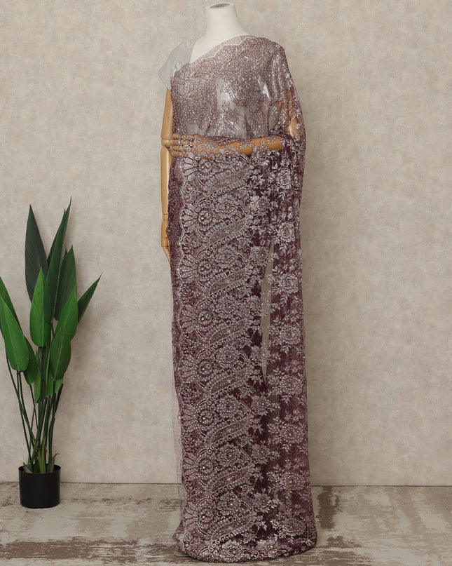 Maroon Premium French Metallic Chantilly Lace Saree with Stone Work, 5.5 Mtrs Length, 110 Cms Width, Crafted in France-Blouse Not Included-D26680