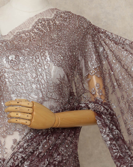 Maroon Premium French Metallic Chantilly Lace Saree with Stone Work, 5.5 Mtrs Length, 110 Cms Width, Crafted in France-Blouse Not Included-D26680
