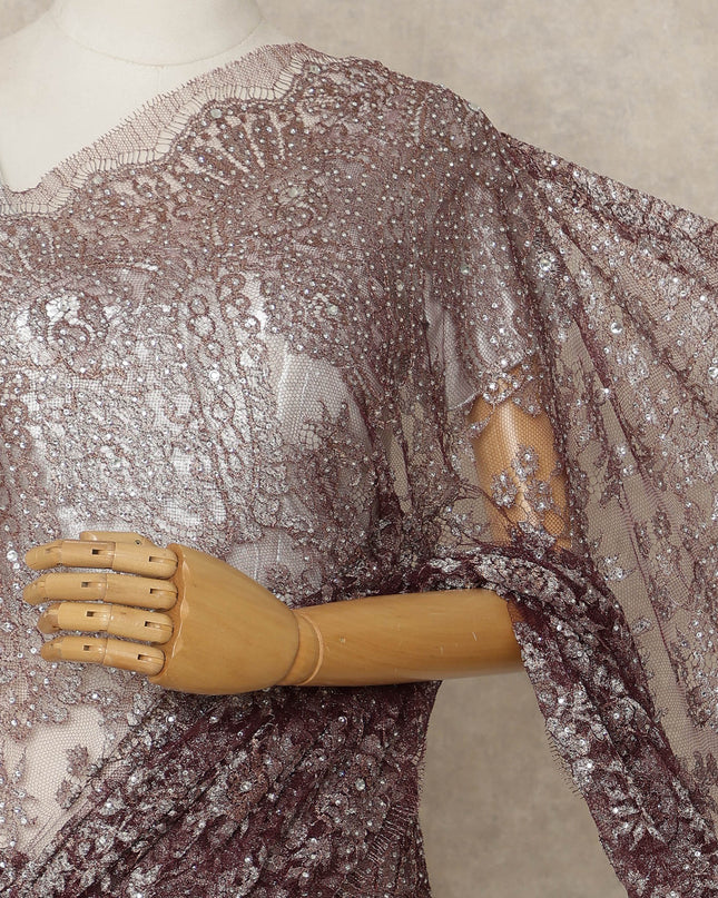 Maroon Premium French Metallic Chantilly Lace Saree with Stone Work, 5.5 Mtrs Length, 110 Cms Width, Crafted in France-Blouse Not Included-D26680