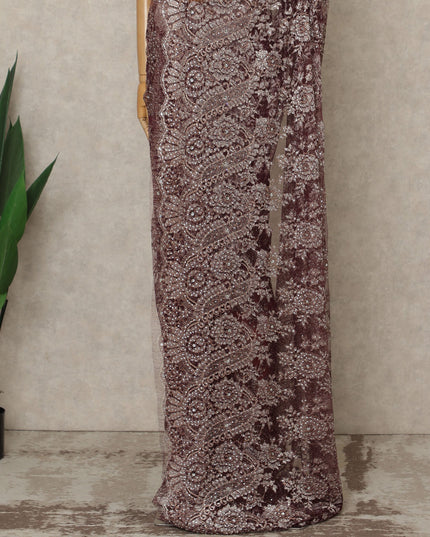Maroon Premium French Metallic Chantilly Lace Saree with Stone Work, 5.5 Mtrs Length, 110 Cms Width, Crafted in France-Blouse Not Included-D26680