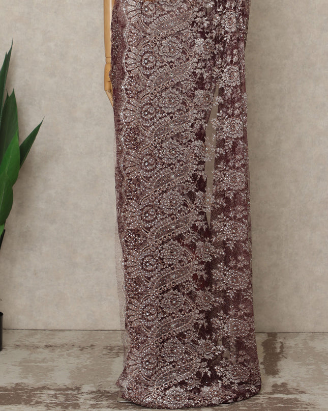 Maroon Premium French Metallic Chantilly Lace Saree with Stone Work, 5.5 Mtrs Length, 110 Cms Width, Crafted in France-Blouse Not Included-D26680