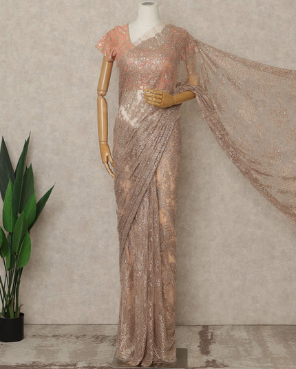 Rose Gold Premium French Metallic Chantilly Lace Saree with Stone Work, 5.5 Mtrs Length, 110 Cms Width, Crafted in France-Blouse Not Included-D26679