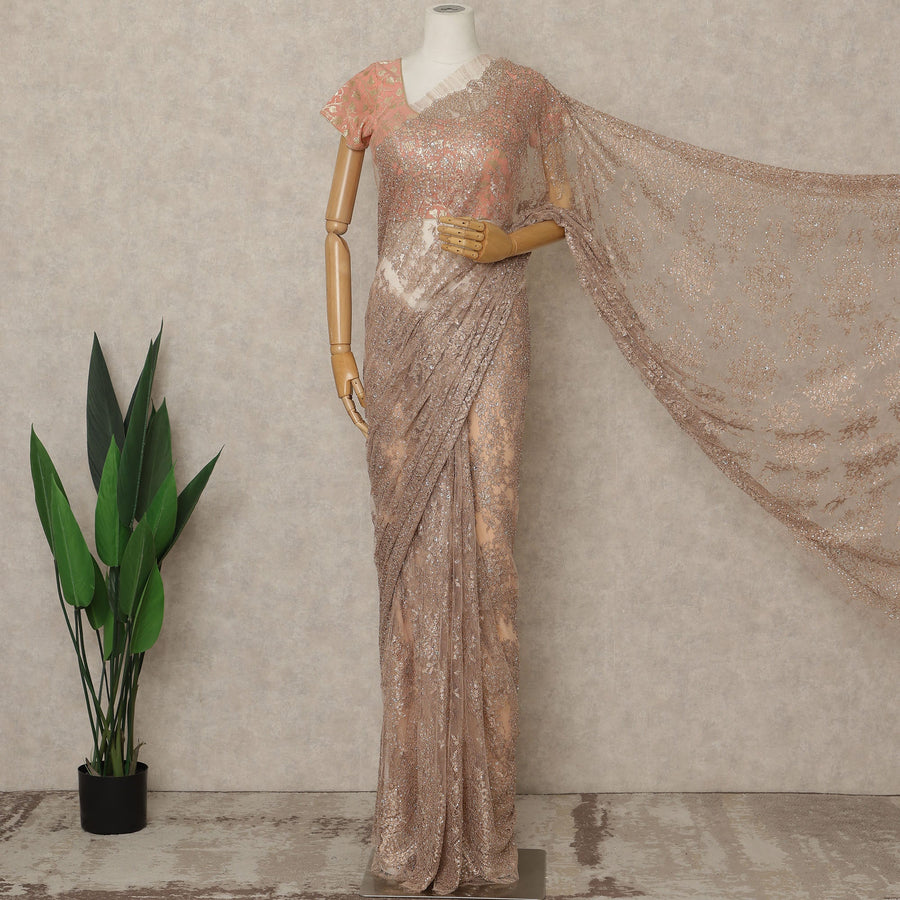 Rose Gold Premium French Metallic Chantilly Lace Saree with Stone Work, 5.5 Mtrs Length, 110 Cms Width, Crafted in France-Blouse Not Included-D26679