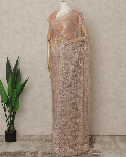 Rose Gold Premium French Metallic Chantilly Lace Saree with Stone Work, 5.5 Mtrs Length, 110 Cms Width, Crafted in France-Blouse Not Included-D26679