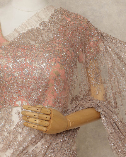 Rose Gold Premium French Metallic Chantilly Lace Saree with Stone Work, 5.5 Mtrs Length, 110 Cms Width, Crafted in France-Blouse Not Included-D26679