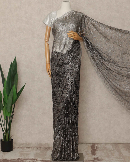 Black Premium French Metallic Chantilly Saree Lace With Stone Work 5.5 Mtrs Length 110 Cms Width Designer Net Fabric Made In France, Blouse Not Included-D28139