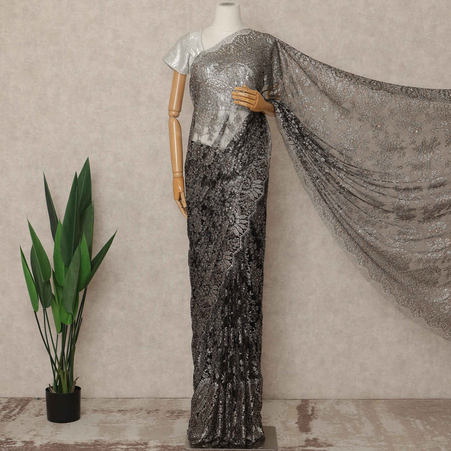 Black Premium French Metallic Chantilly Saree Lace With Stone Work 5.5 Mtrs Length 110 Cms Width Designer Net Fabric Made In France, Blouse Not Included-D28139