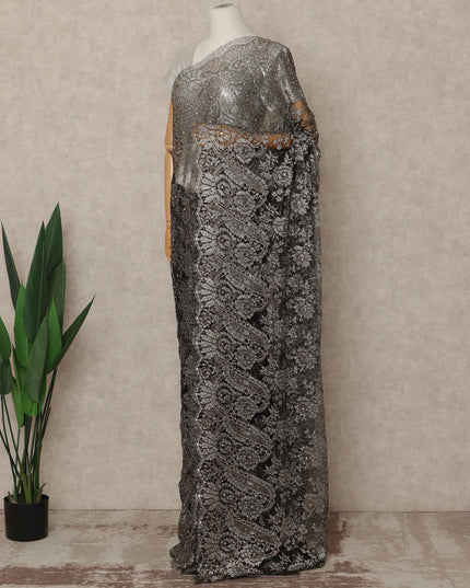 Black Premium French Metallic Chantilly Saree Lace With Stone Work 5.5 Mtrs Length 110 Cms Width Designer Net Fabric Made In France, Blouse Not Included-D28139