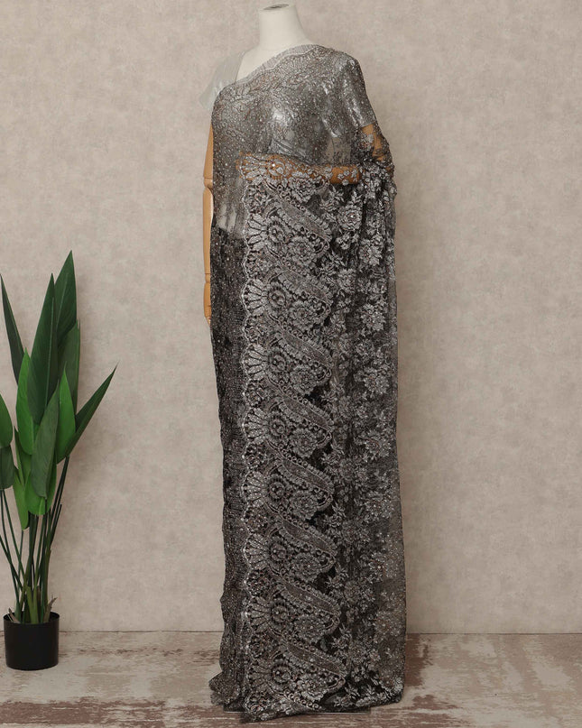 Black Premium French Metallic Chantilly Saree Lace With Stone Work 5.5 Mtrs Length 110 Cms Width Designer Net Fabric Made In France, Blouse Not Included-D28139