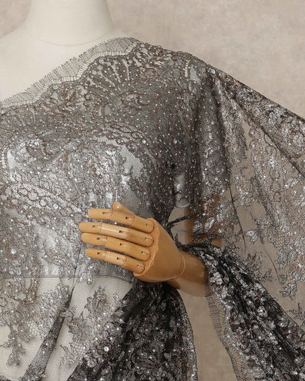 Black Premium French Metallic Chantilly Saree Lace With Stone Work 5.5 Mtrs Length 110 Cms Width Designer Net Fabric Made In France, Blouse Not Included-D28139