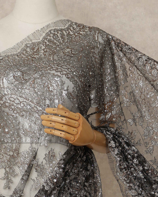 Black Premium French Metallic Chantilly Saree Lace With Stone Work 5.5 Mtrs Length 110 Cms Width Designer Net Fabric Made In France, Blouse Not Included-D28139