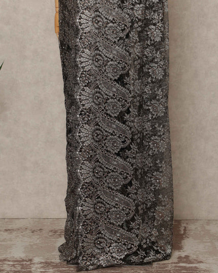 Black Premium French Metallic Chantilly Saree Lace With Stone Work 5.5 Mtrs Length 110 Cms Width Designer Net Fabric Made In France, Blouse Not Included-D28139