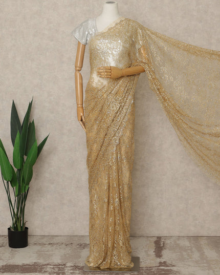Gold Beige Premium French Metallic Chantilly Lace Saree with Stone Work, 5.5 Mtrs Length, 110 Cms Width, Crafted in France-Blouse Not Included-D26685