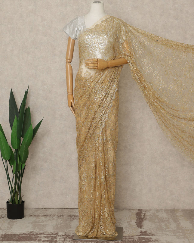 Gold Beige Premium French Metallic Chantilly Lace Saree with Stone Work, 5.5 Mtrs Length, 110 Cms Width, Crafted in France-Blouse Not Included-D26685