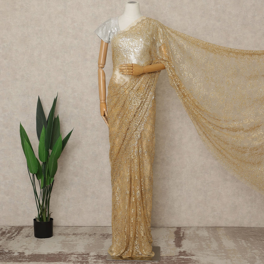 Gold Beige Premium French Metallic Chantilly Lace Saree with Stone Work, 5.5 Mtrs Length, 110 Cms Width, Crafted in France-Blouse Not Included-D26685