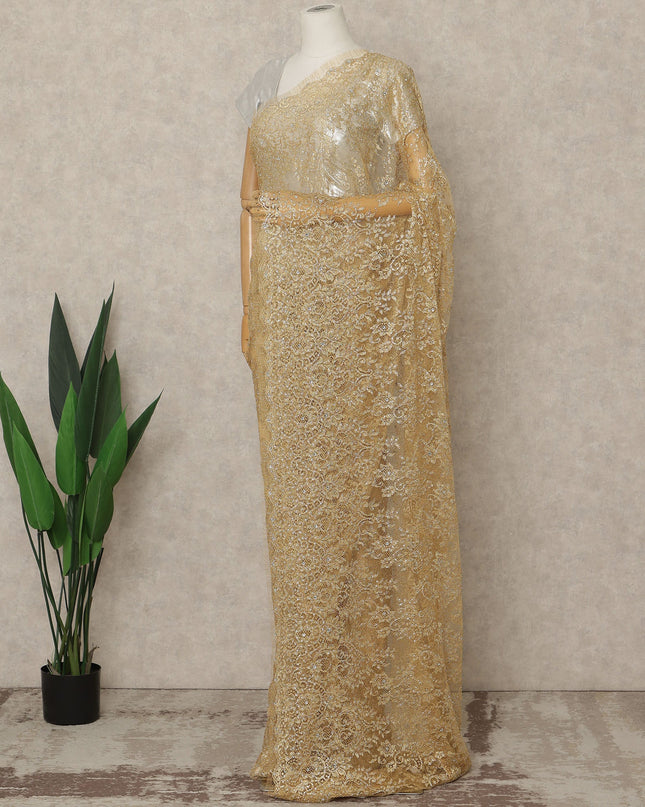 Gold Beige Premium French Metallic Chantilly Lace Saree with Stone Work, 5.5 Mtrs Length, 110 Cms Width, Crafted in France-Blouse Not Included-D26685