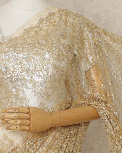 Gold Beige Premium French Metallic Chantilly Lace Saree with Stone Work, 5.5 Mtrs Length, 110 Cms Width, Crafted in France-Blouse Not Included-D26685