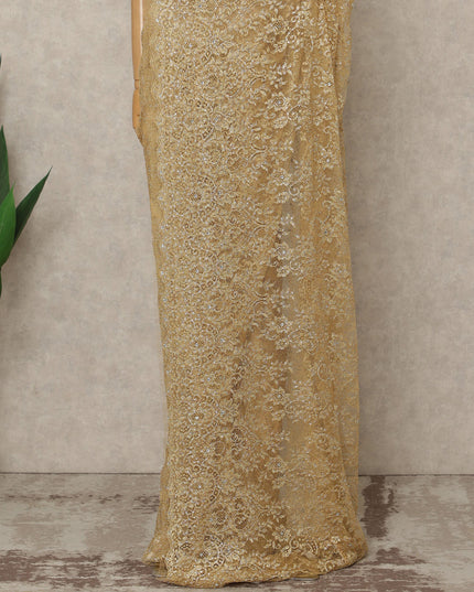Gold Beige Premium French Metallic Chantilly Lace Saree with Stone Work, 5.5 Mtrs Length, 110 Cms Width, Crafted in France-Blouse Not Included-D26685