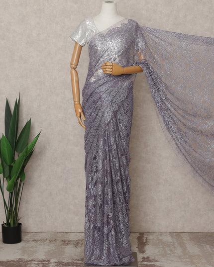 Lavender Premium French Metallic Chantilly Lace Saree Fabric with Stone Work – 5.5 Meters Length, 110 Cms Width, Imported from France-D25722