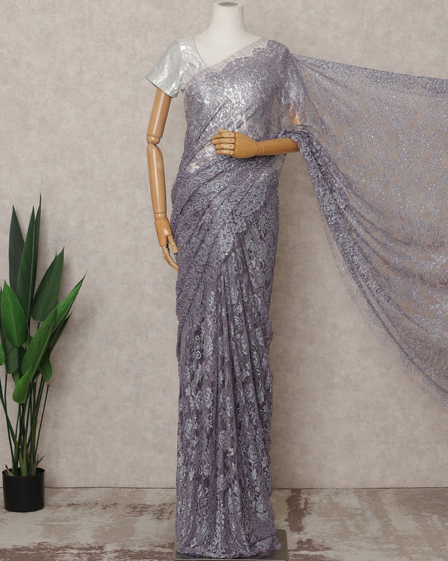 Lavender Premium French Metallic Chantilly Lace Saree Fabric with Stone Work – 5.5 Meters Length, 110 Cms Width, Imported from France-D25722