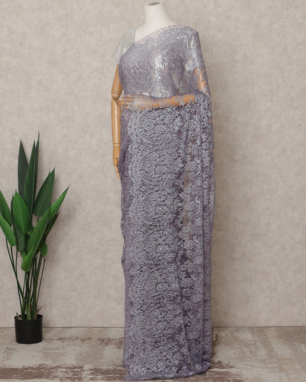 Lavender Premium French Metallic Chantilly Lace Saree Fabric with Stone Work – 5.5 Meters Length, 110 Cms Width, Imported from France-D25722