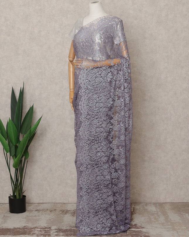 Lavender Premium French Metallic Chantilly Lace Saree Fabric with Stone Work – 5.5 Meters Length, 110 Cms Width, Imported from France-D25722