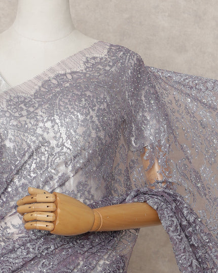 Lavender Premium French Metallic Chantilly Lace Saree Fabric with Stone Work – 5.5 Meters Length, 110 Cms Width, Imported from France-D25722
