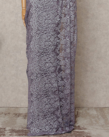 Lavender Premium French Metallic Chantilly Lace Saree Fabric with Stone Work – 5.5 Meters Length, 110 Cms Width, Imported from France-D25722