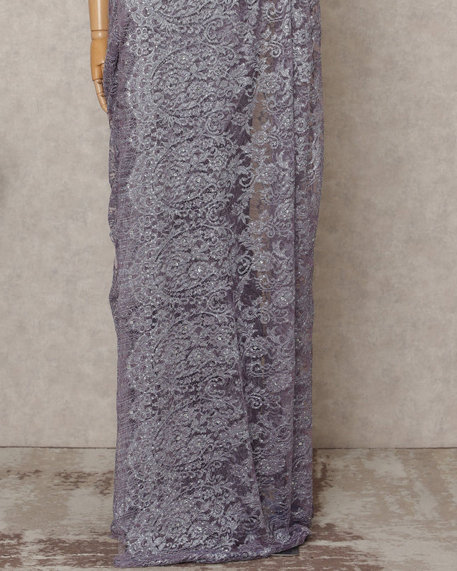Lavender Premium French Metallic Chantilly Lace Saree Fabric with Stone Work – 5.5 Meters Length, 110 Cms Width, Imported from France-D25722