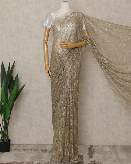 Gold Premium French Metallic Chantilly Lace Saree with Stone Work, 5.5 Mtrs Length, 110 Cms Width, Crafted in France-Blouse Not Included-D26677