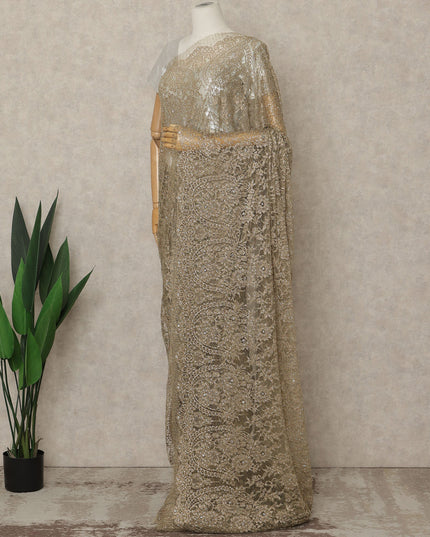 Gold Premium French Metallic Chantilly Lace Saree with Stone Work, 5.5 Mtrs Length, 110 Cms Width, Crafted in France-Blouse Not Included-D26677