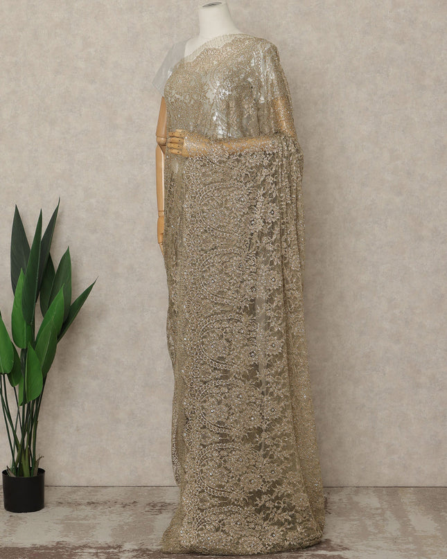 Gold Premium French Metallic Chantilly Lace Saree with Stone Work, 5.5 Mtrs Length, 110 Cms Width, Crafted in France-Blouse Not Included-D26677