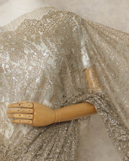 Gold Premium French Metallic Chantilly Lace Saree with Stone Work, 5.5 Mtrs Length, 110 Cms Width, Crafted in France-Blouse Not Included-D26677