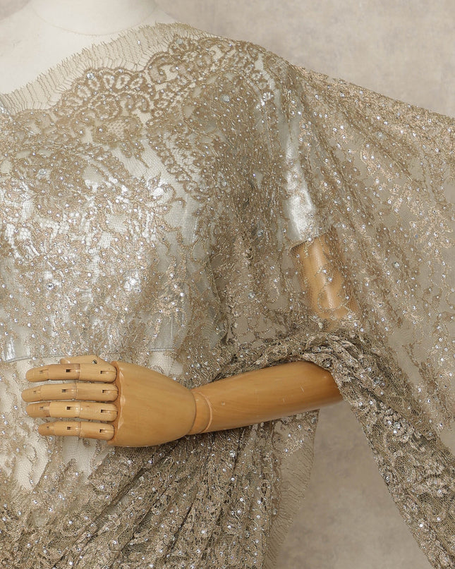 Gold Premium French Metallic Chantilly Lace Saree with Stone Work, 5.5 Mtrs Length, 110 Cms Width, Crafted in France-Blouse Not Included-D26677