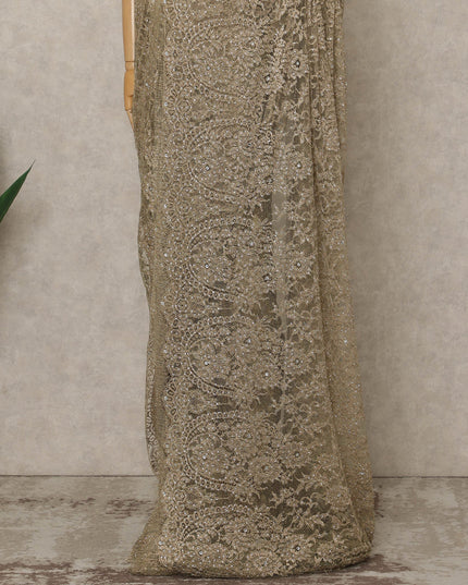 Gold Premium French Metallic Chantilly Lace Saree with Stone Work, 5.5 Mtrs Length, 110 Cms Width, Crafted in France-Blouse Not Included-D26677