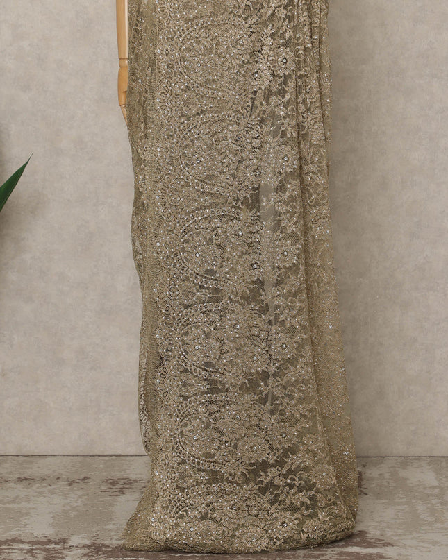 Gold Premium French Metallic Chantilly Lace Saree with Stone Work, 5.5 Mtrs Length, 110 Cms Width, Crafted in France-Blouse Not Included-D26677